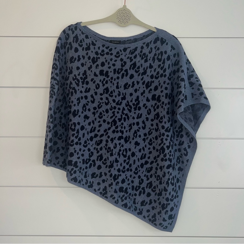 Talbots Leopard Asymmetrical Poncho Blue Navy Animal Print Sweater Women XS/S
